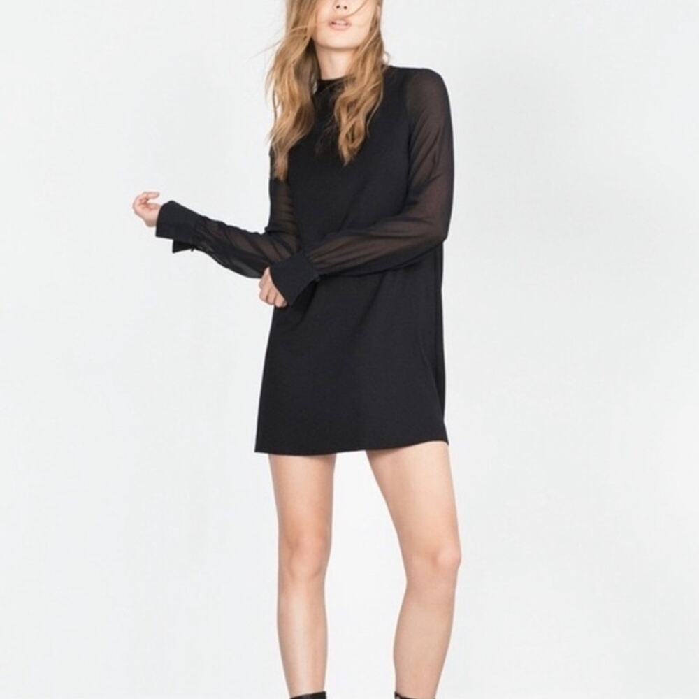 Zara Black Long Sleeve Mini Dress Medium Sheer Sleeves Casual